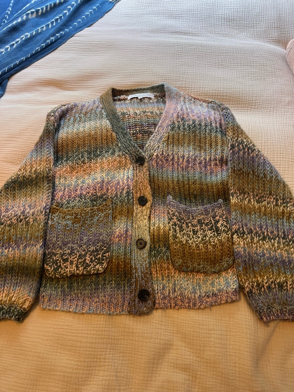 cupcakes & cashmere Olive Multicolor Striped Chunky V‑Neck Cardigan